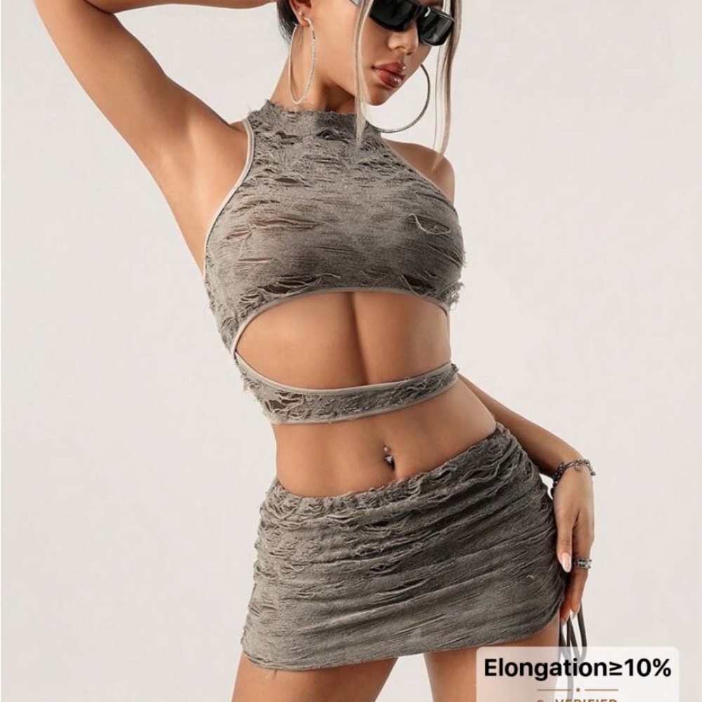 SHEIN Taupe Distressed Cut-Out Crop Top & Mini Skirt Set NWT